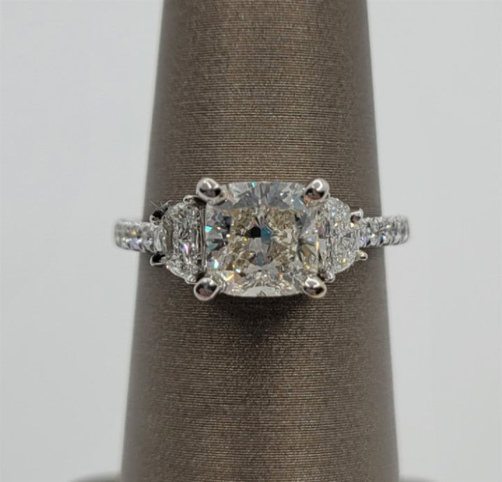14k White Gold Cushion & Half Moon Cut Diamond Engagement Ring