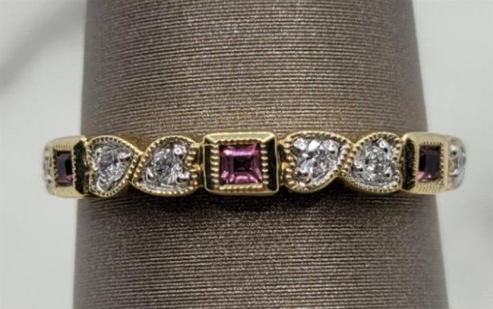 14K Yellow Gold Stackable Pink Tourmalines & Diamonds Gemstone Ring
