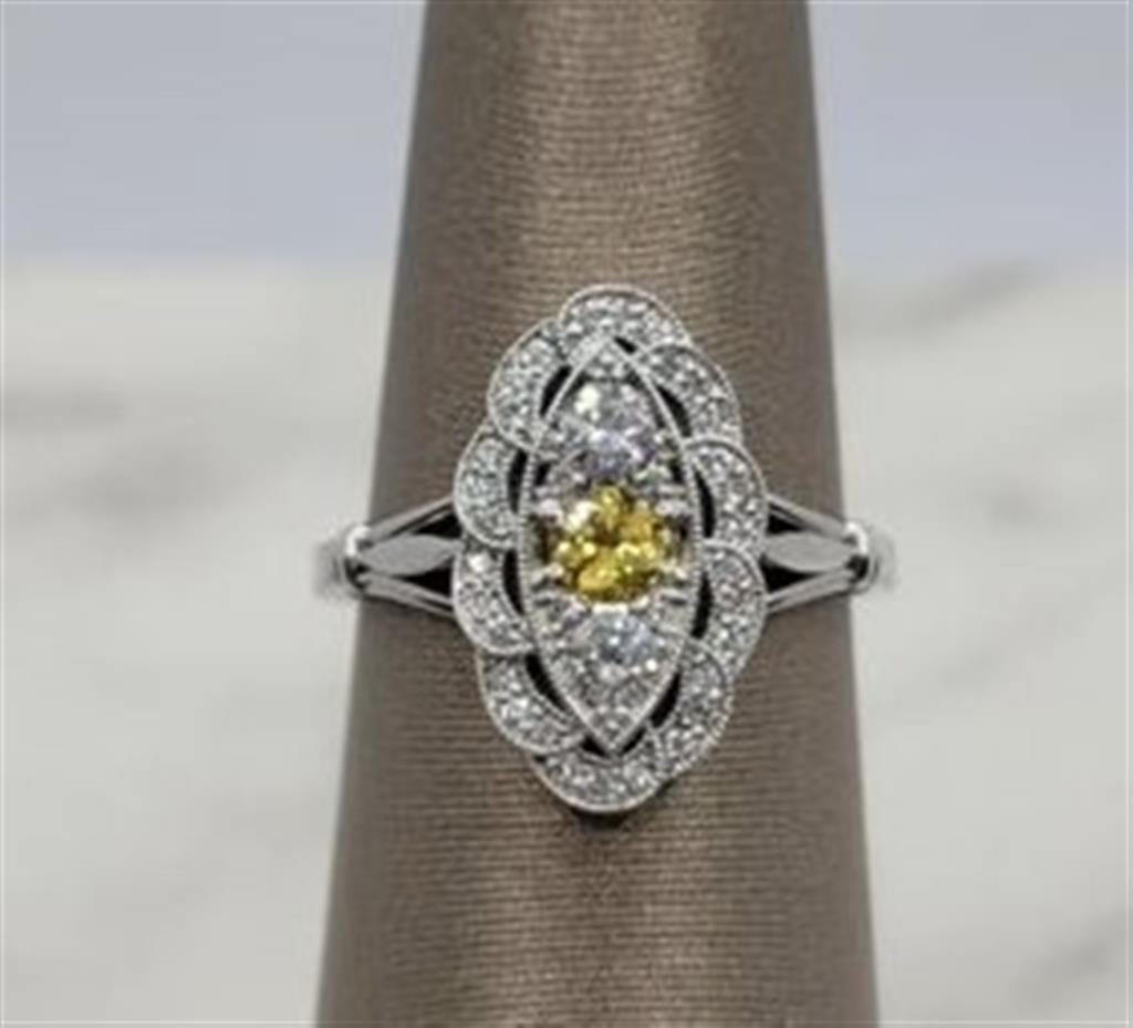 14K White Gold Antique Golden Sapphire & Diamonds Gemstone Ring