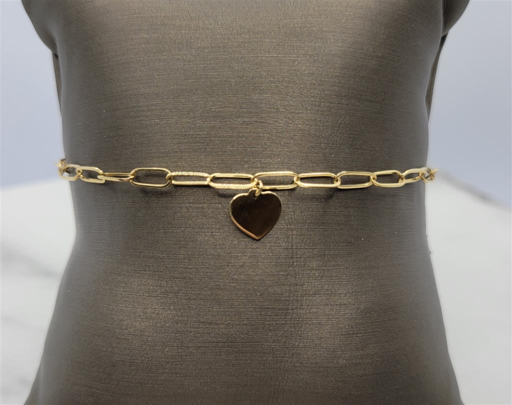 14K Yellow Gold 7" Paperclip Heart Charm Dangle Bracelet
