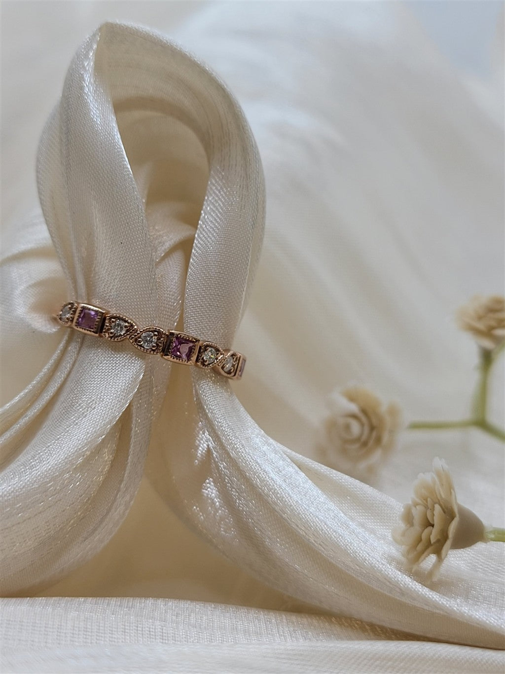 10K Rose Gold Stackable Pink Sapphires & Diamonds Gemstone Ring