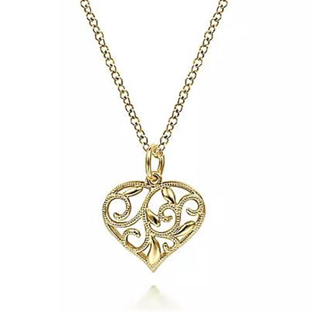 14K Yellow Gold 17.5" Swirl Heart Pendant Necklace