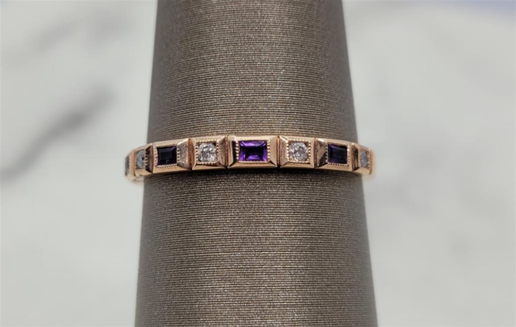 10K Rose Gold Stackable Amethysts & Diamonds Gemstone Ring