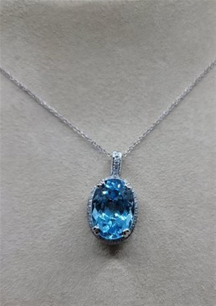 14K White Gold Blue Topaz & Diamond Gemstone Necklace