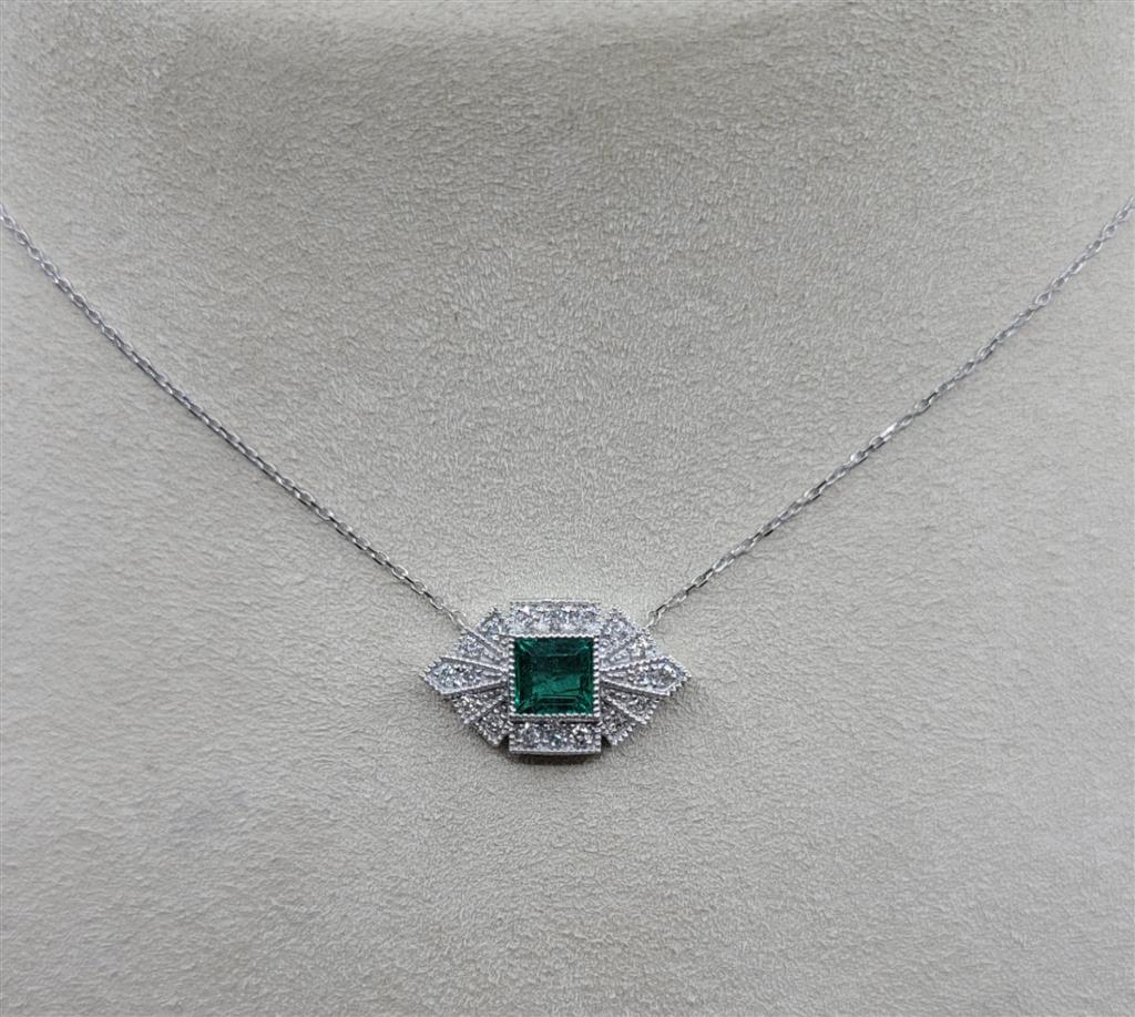 14K White Gold 0.6 ctw Special Cut Emerald Gemstone & Diamond Necklace