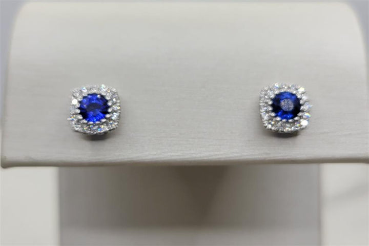 14K White Gold Sapphire & Diamond Halo Earrings