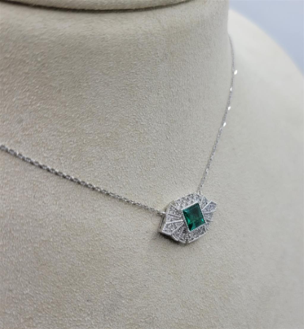 14K White Gold 0.6 ctw Special Cut Emerald Gemstone & Diamond Necklace