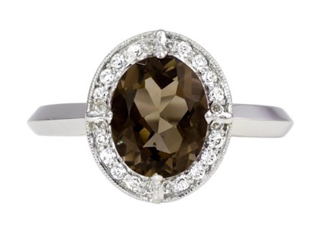 14K White Gold Classic Smoky Quartz & Diamonds Gemstone Ring