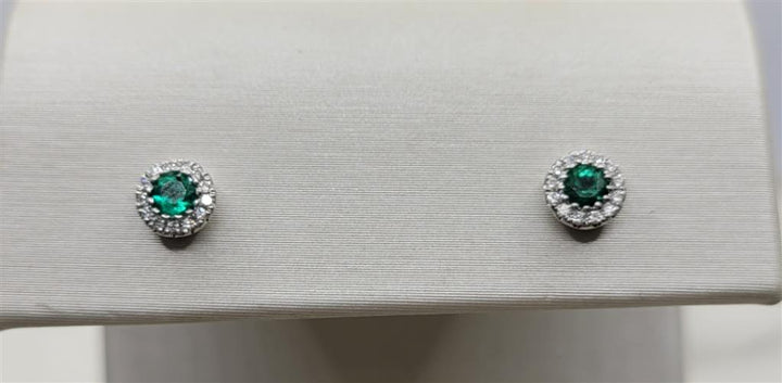 14K White Gold Emerald & Diamond Halo Earrings