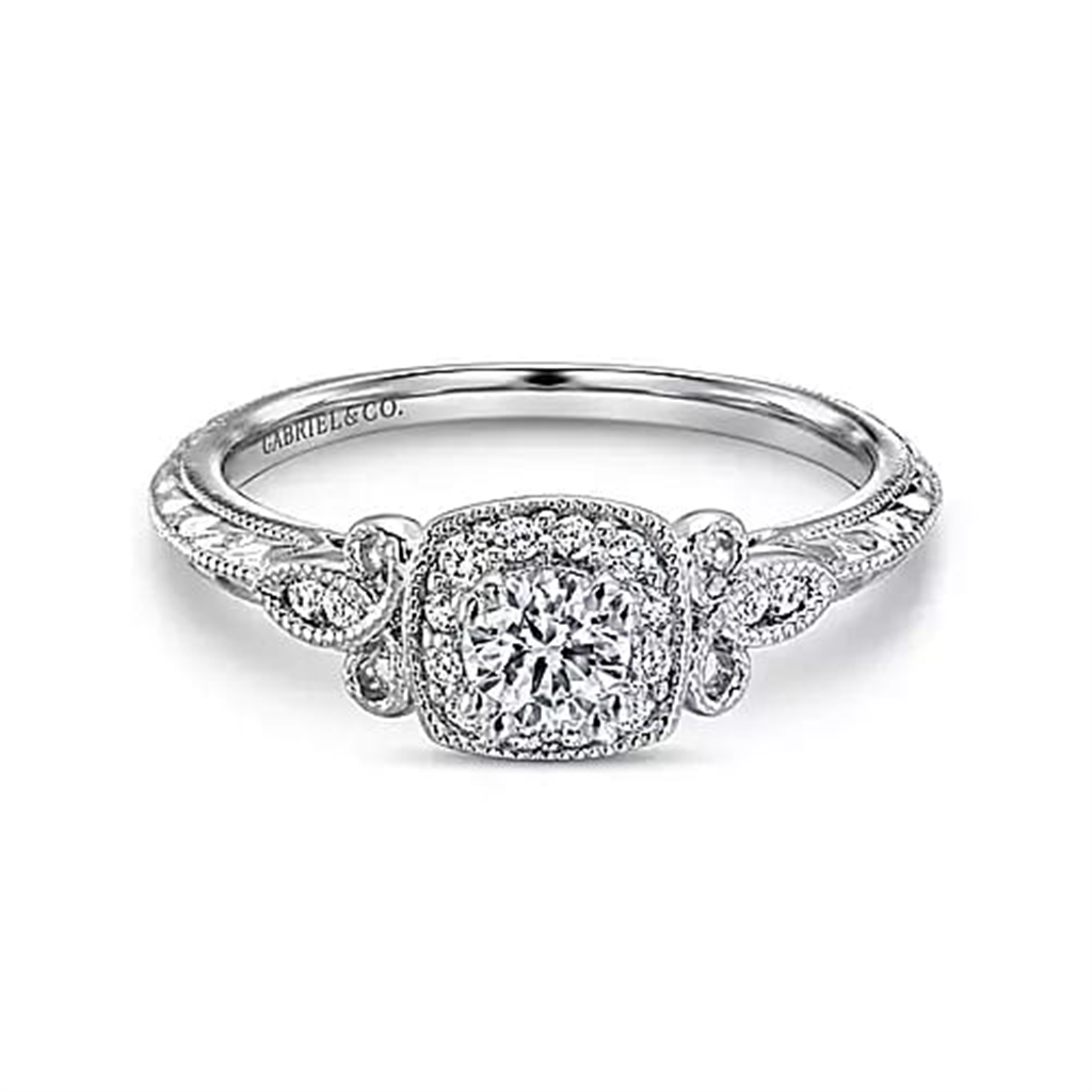 14K White Gold Vintage Halo Gabriel & Co Diamond Engagement Ring