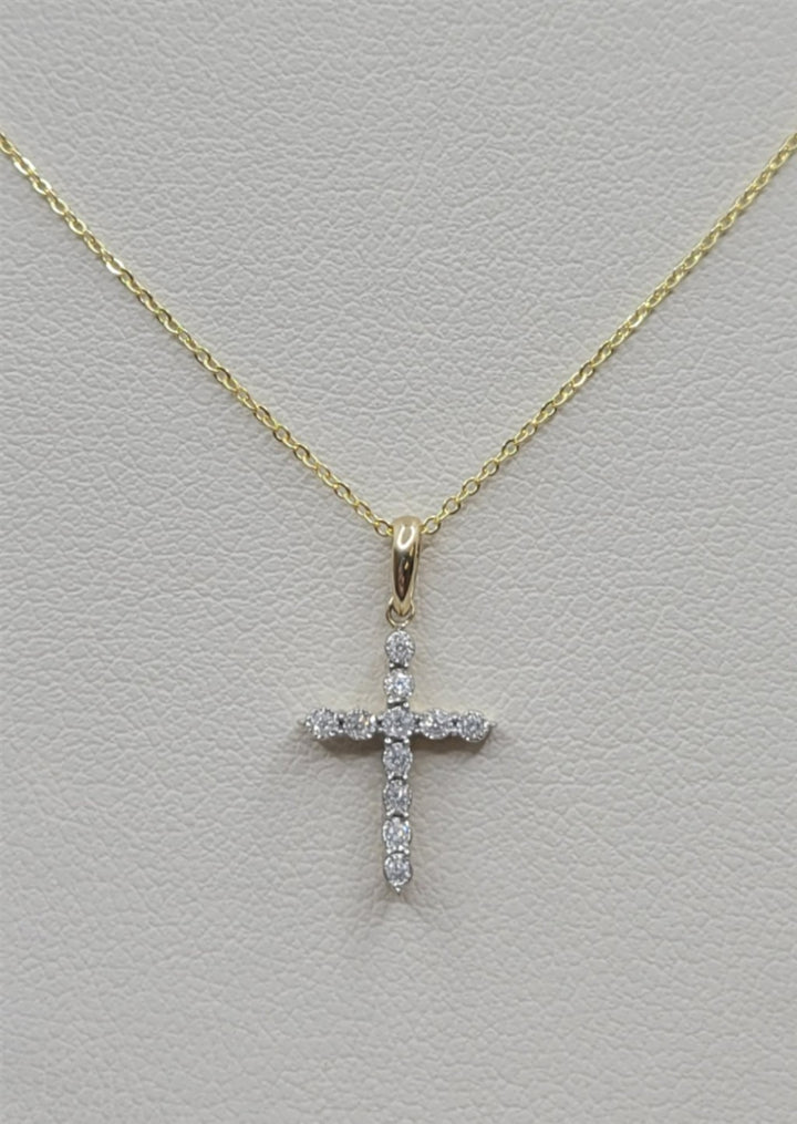18" 14K Yellow Gold Petite Illusion Set Diamond Cross Necklace