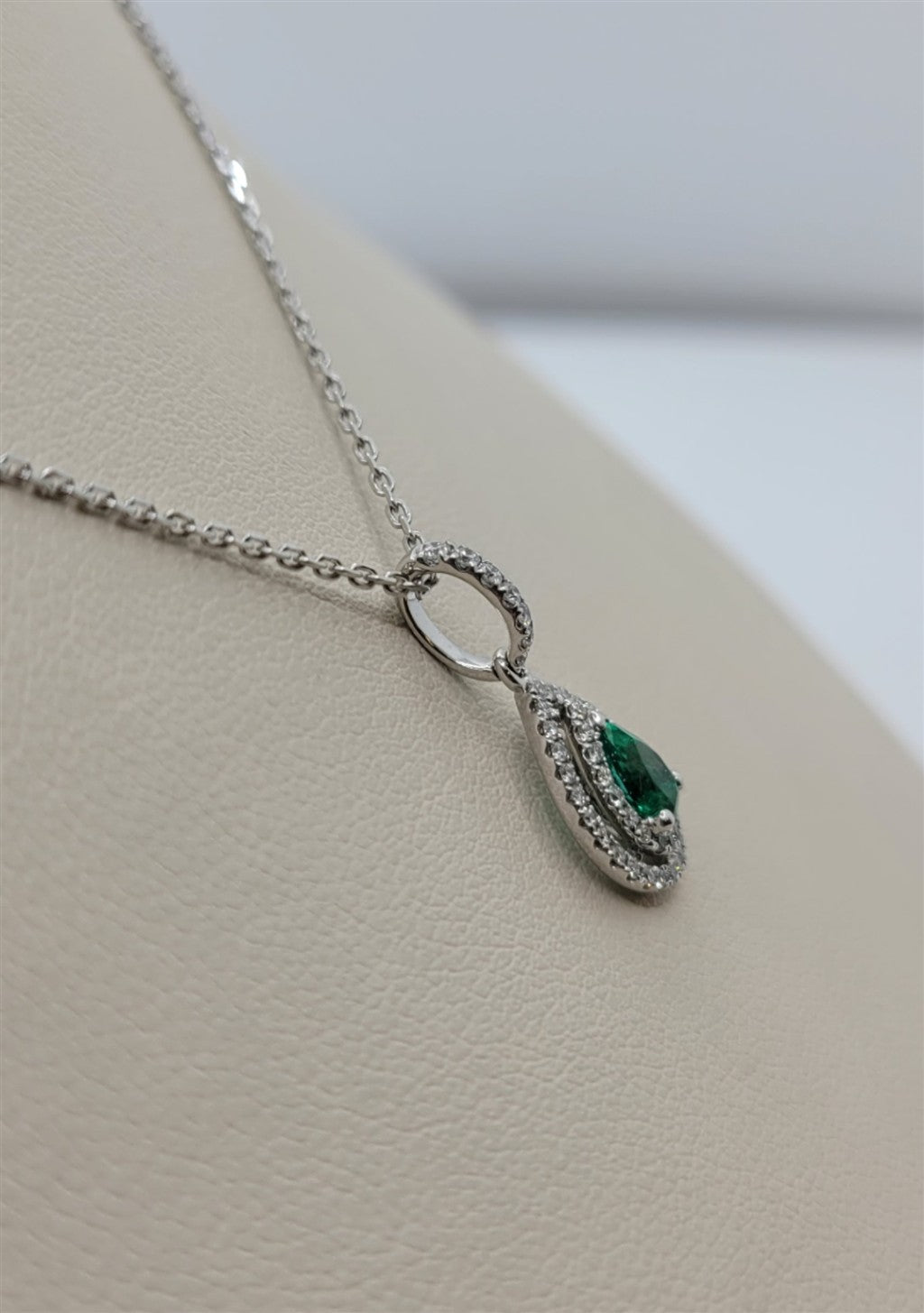14K/18K White Gold Double Halo Tear Drop Diamond & Emerald Necklace