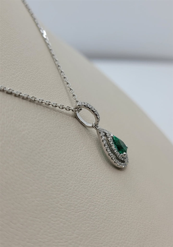 14K/18K White Gold Double Halo Tear Drop Diamond & Emerald Necklace