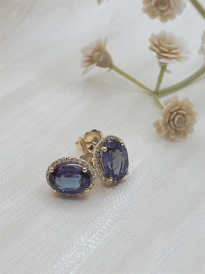 14K Yellow Gold Alexandrite & Diamond Halo Stud Earrings