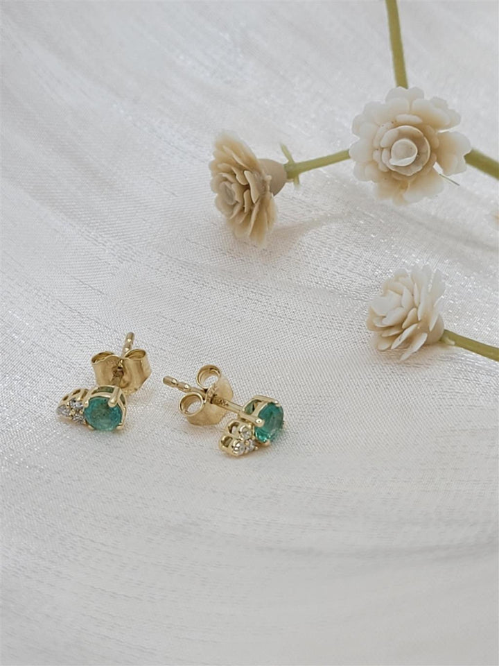 14K Yellow Gold Emerald And Diamond Fashion Stud Earrings