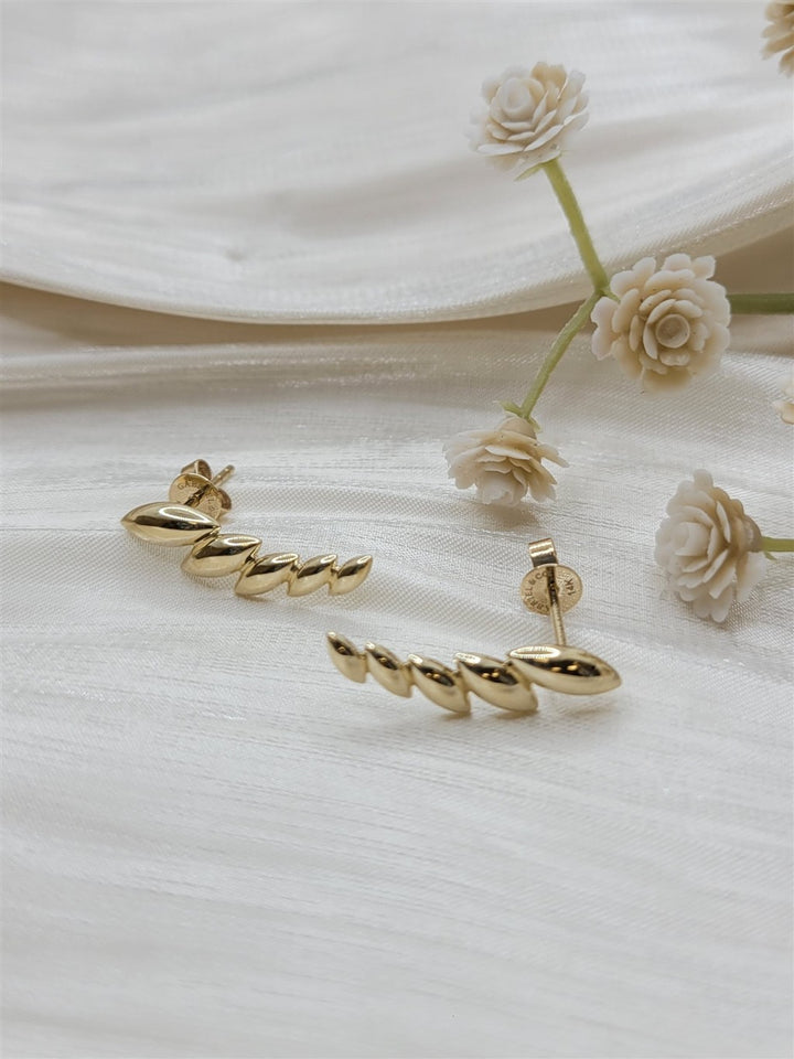 14K Yellow Gold Leaf Station Crawler Earrings