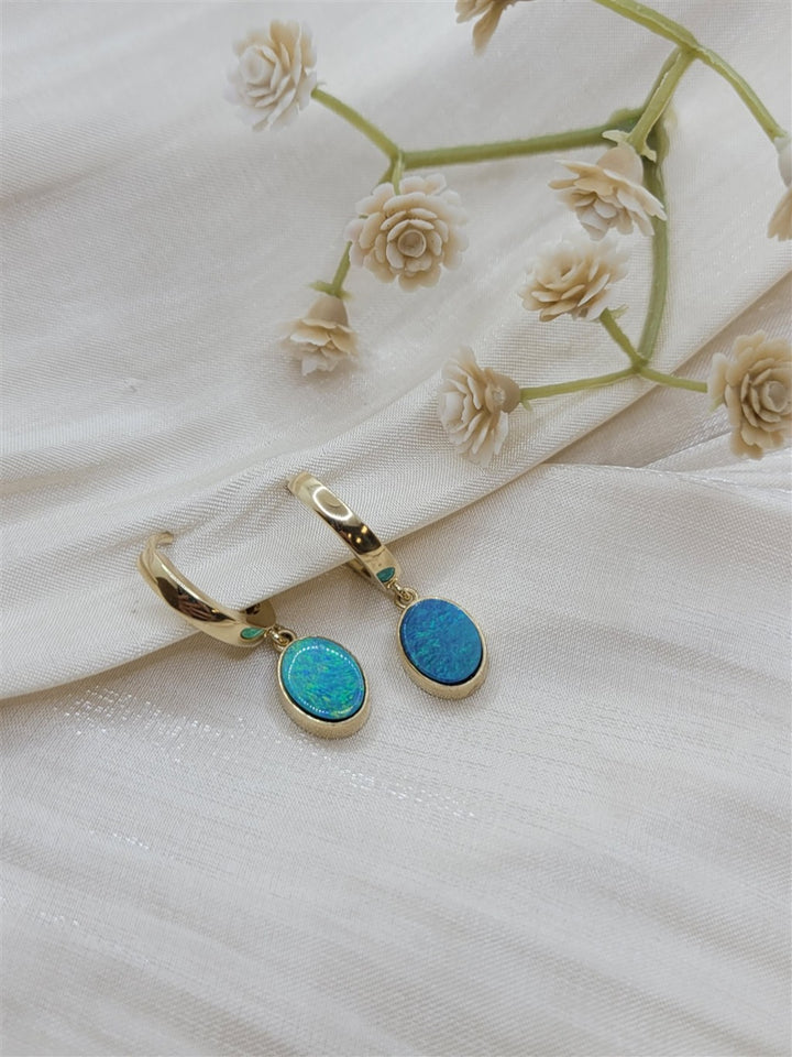 14K Yellow Gold Opal Huggie Hoop Dangle Earrings