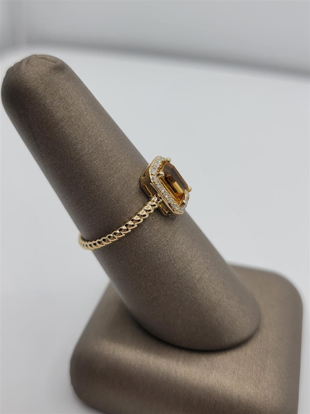 14K Yellow Gold Citrine And Diamond Halo Beaded Fashion Ring