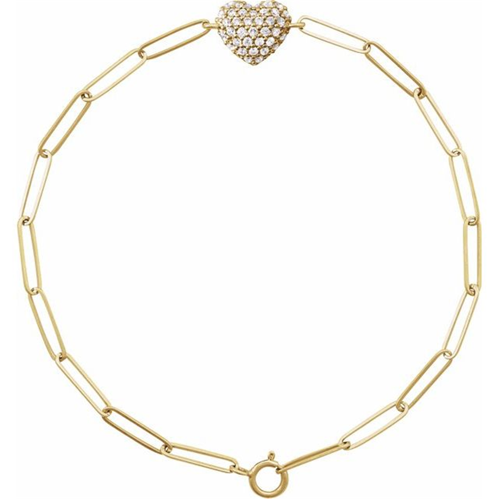 14K Yellow Gold Puffed Diamond Heart Charm Paper Clip Link Bracelet