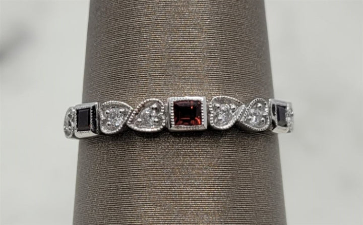 10K White Gold Stackable Garnets & Diamonds Gemstone Ring