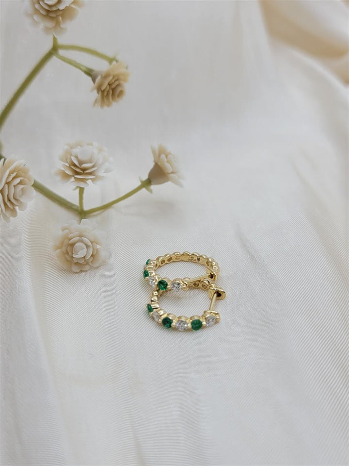 14K Yellow Gold Emerald And Diamond Beaded Hinged Huggie Hoop Earrings