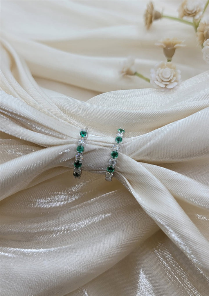 10K White Gold Emerald And Diamond Hoop Earrings