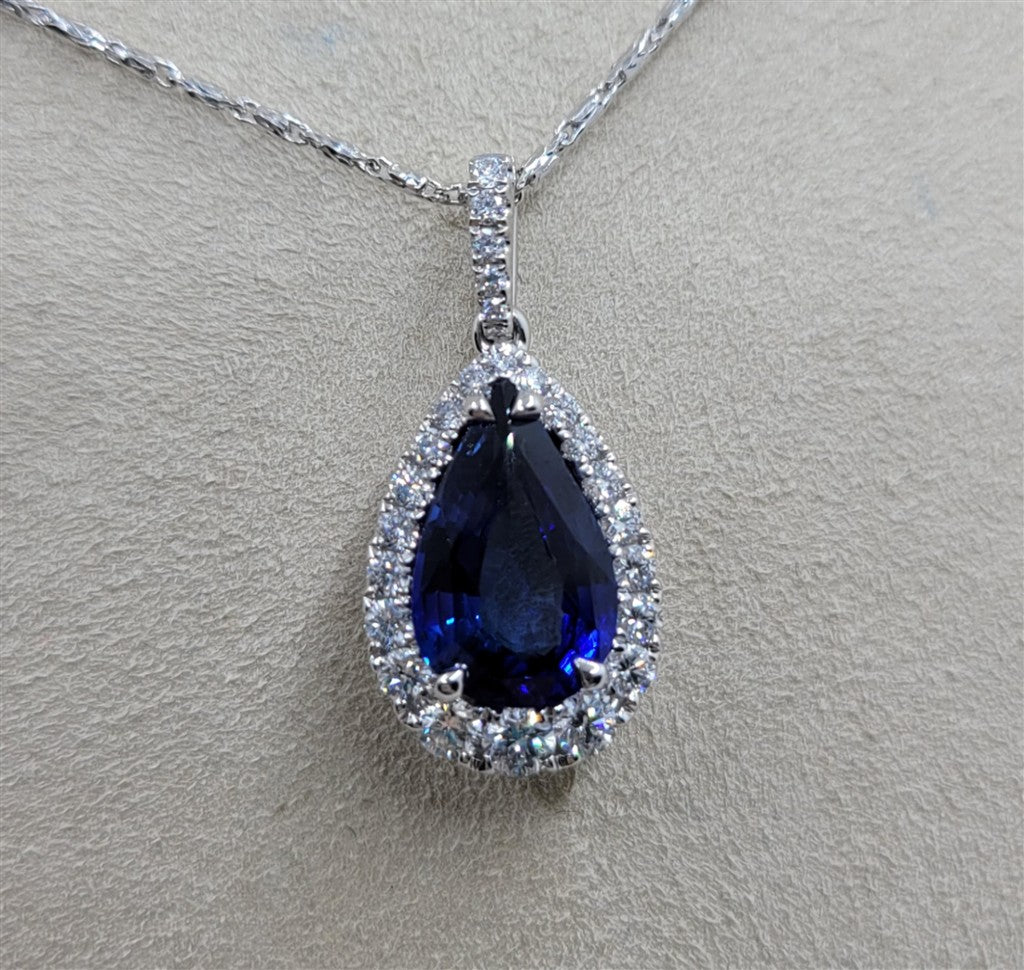 18K White Gold Pear Cut Sapphire Gemstone & Diamond Necklace