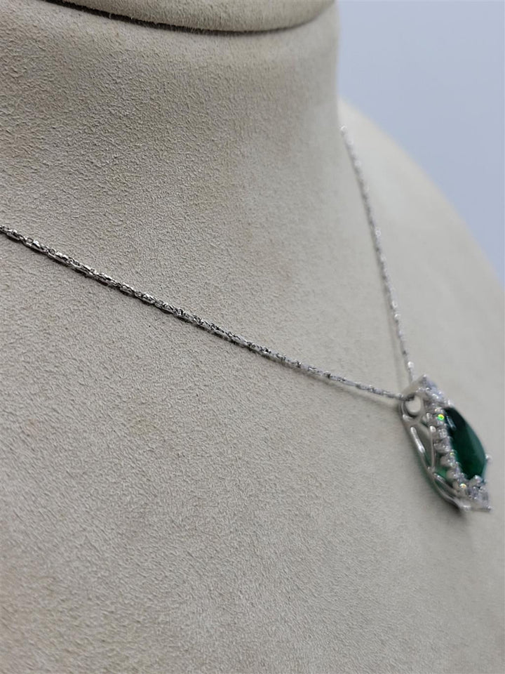 14K White Gold Emerald & Diamond Fashion Necklace