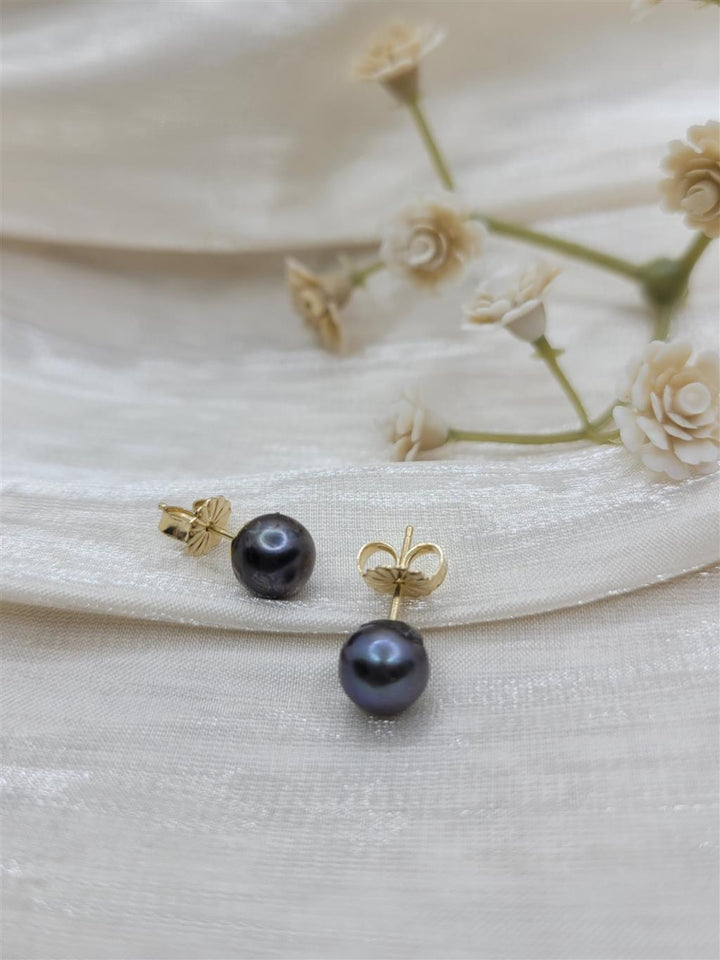 14K Yellow Gold 6.3-6.4mm Round Tahitian Pearl Studs