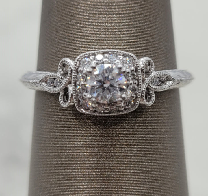 14K White Gold Vintage Halo Gabriel & Co Diamond Engagement Ring