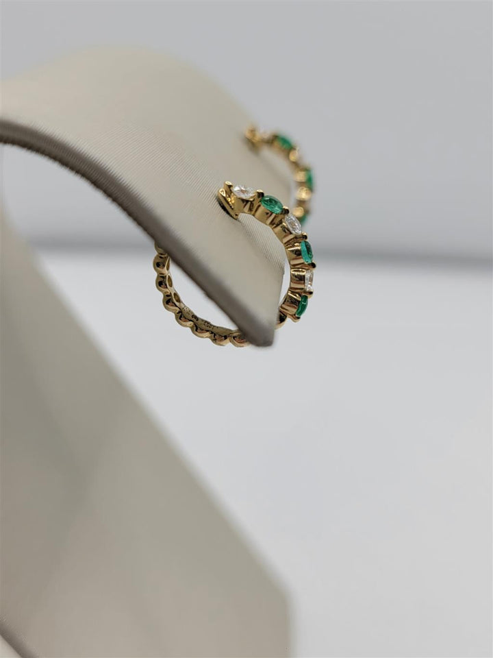 14K Yellow Gold Emerald And Diamond Beaded Hinged Huggie Hoop Earrings