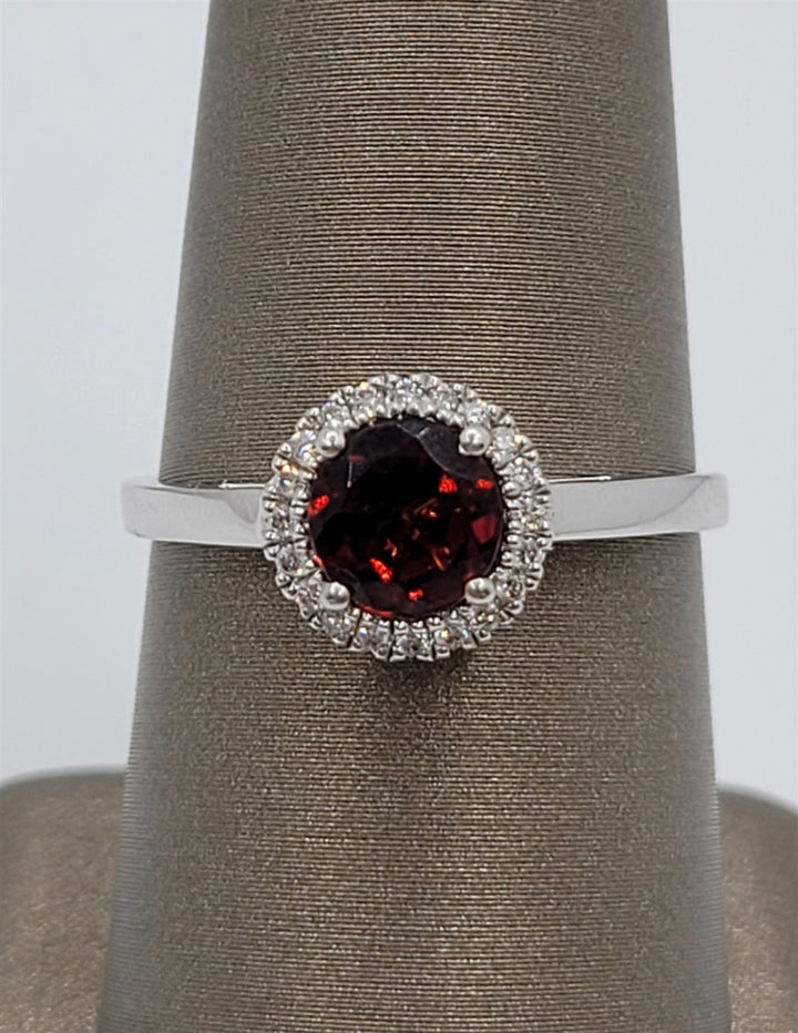 10K White Gold Garnet & Diamond Halo Fashion Ring