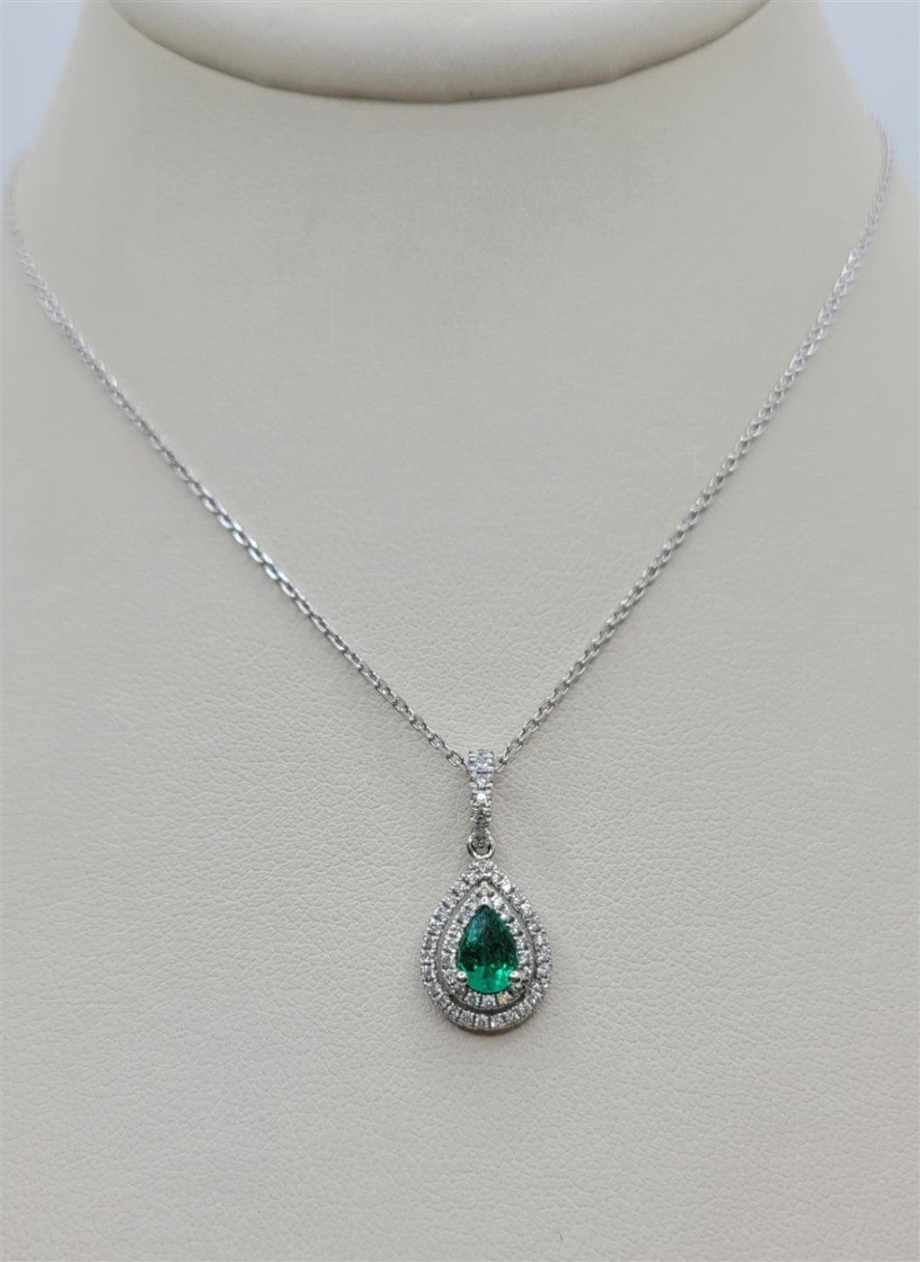 14K/18K White Gold Double Halo Tear Drop Diamond & Emerald Necklace
