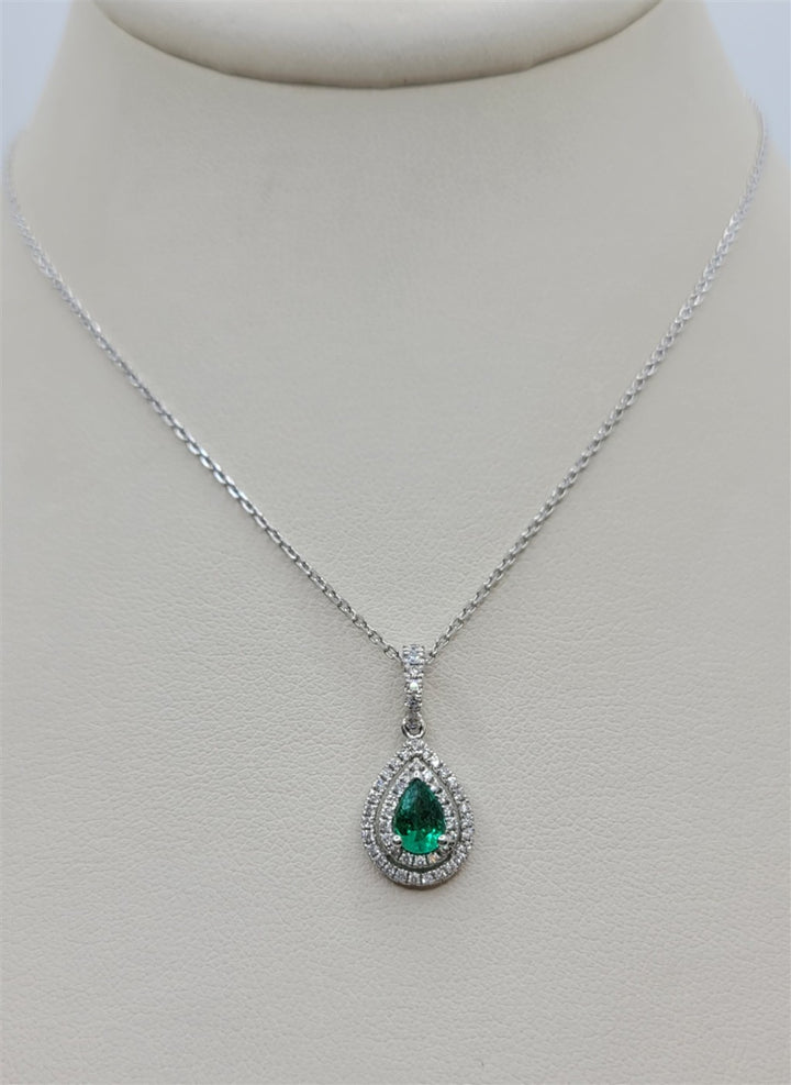 14K/18K White Gold Double Halo Tear Drop Diamond & Emerald Necklace
