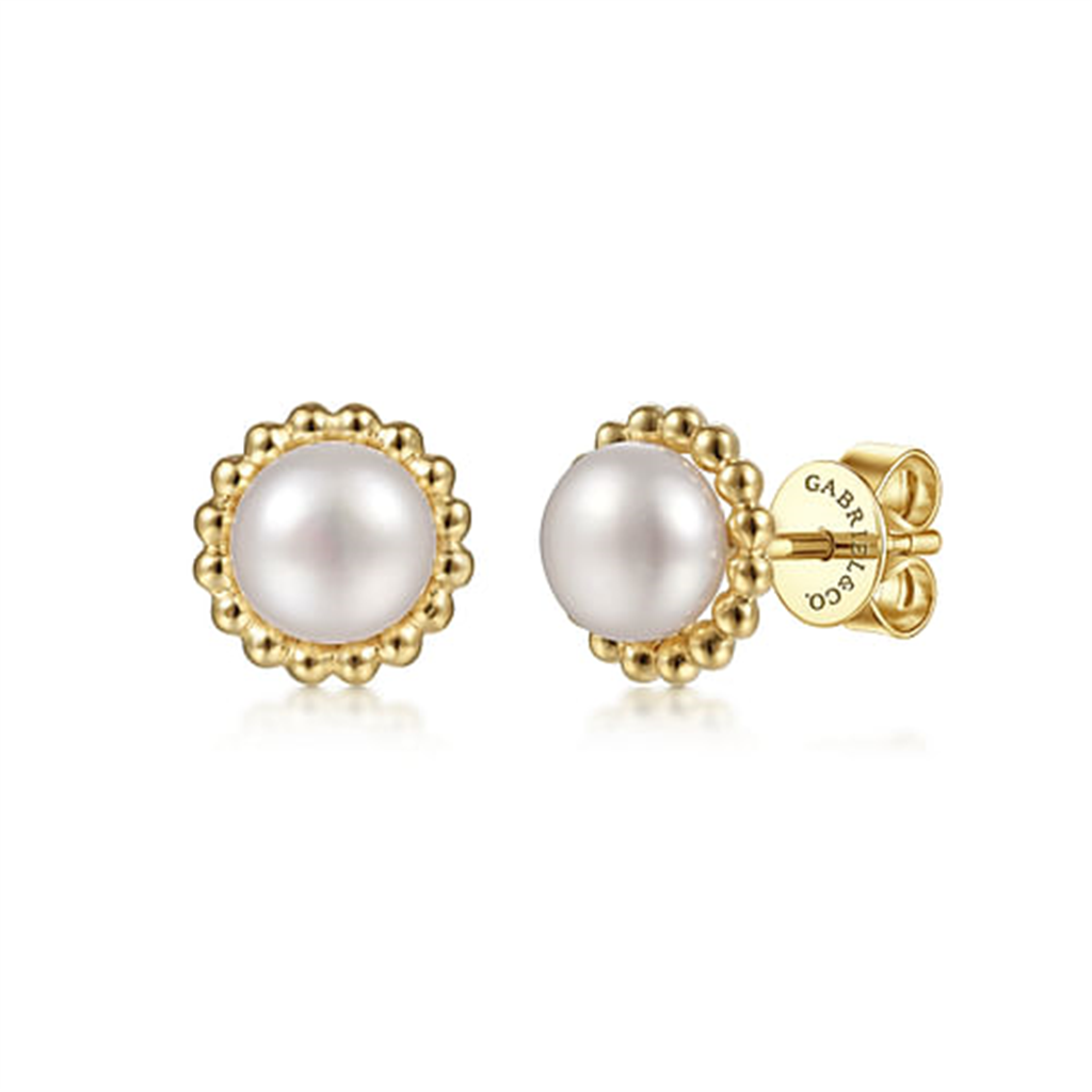 14K Yellow Gold Gabriel & Co. Pearl Fashion Stud Earrings With Beaded Halo