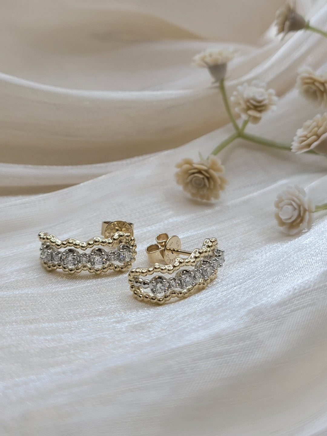 14K White & Yellow Gold Bujukan Diamond J Hoop Stud Earrings