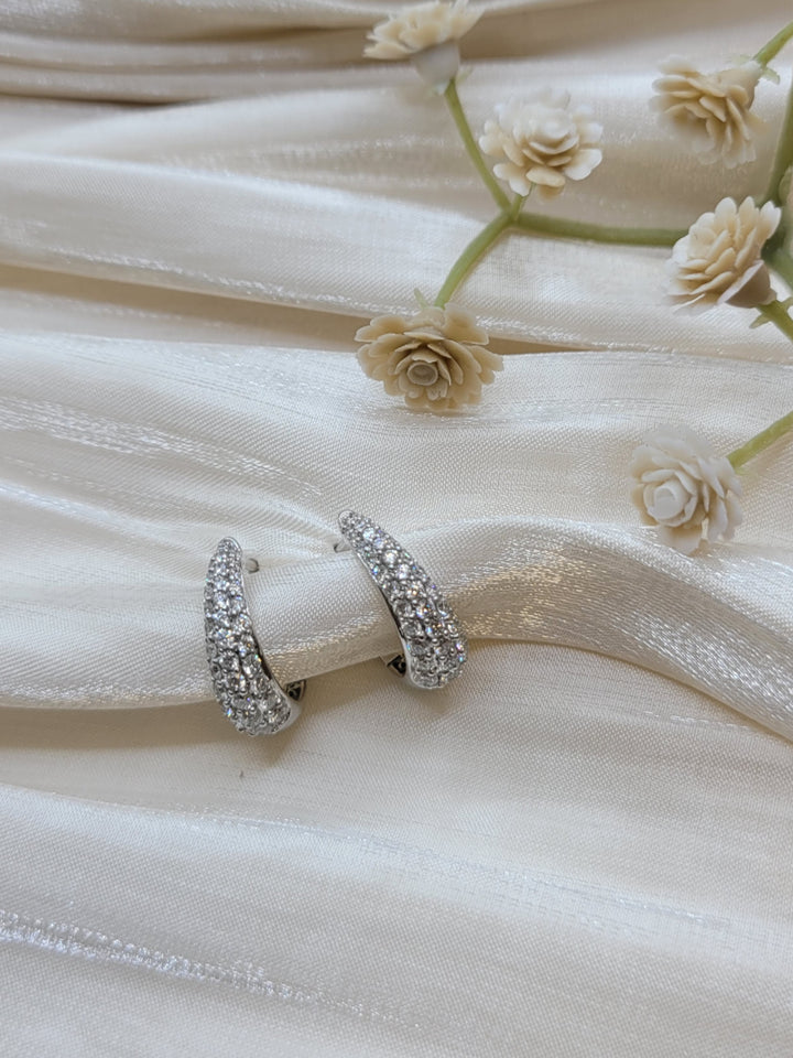 14K White Gold Pave Diamond Huggie Hoop Earrings