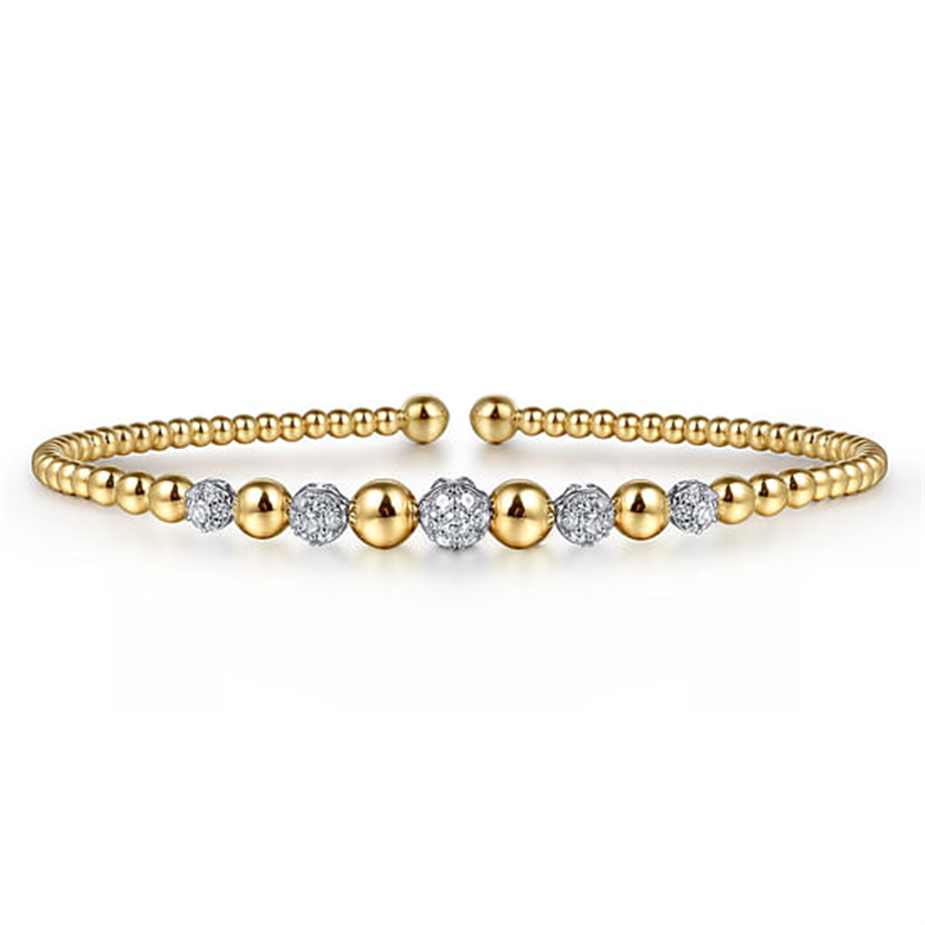14K Two-Tone Gold "Gabriel & Co." Bujukan Tapered Bead Diamond Bangle Bracelet