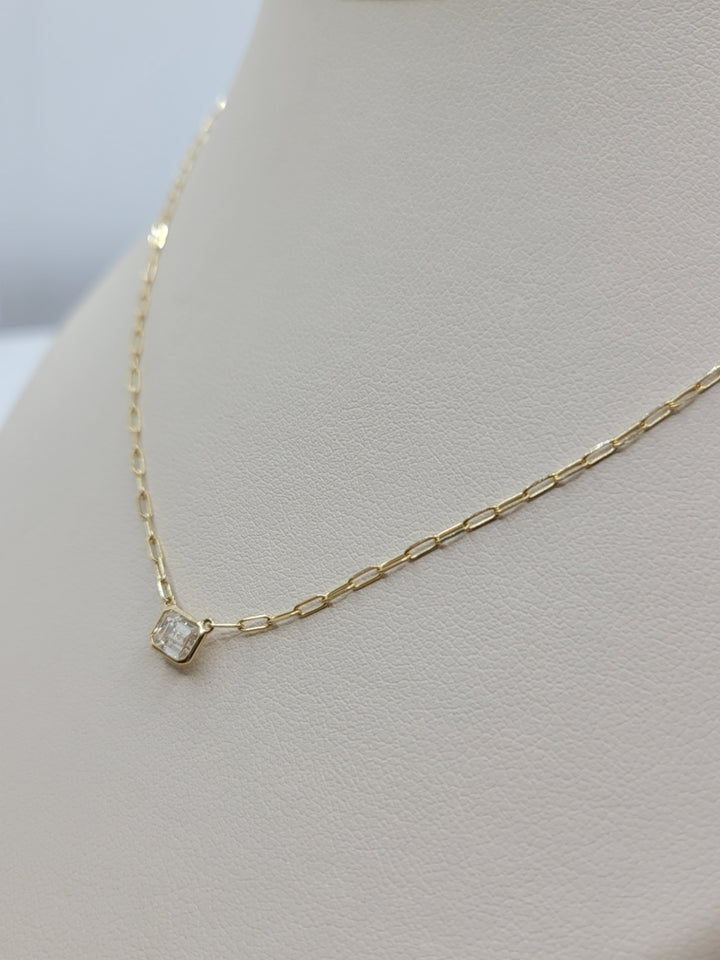 14K Yellow Gold Bezel Set Emerald Cut Diamond Necklace