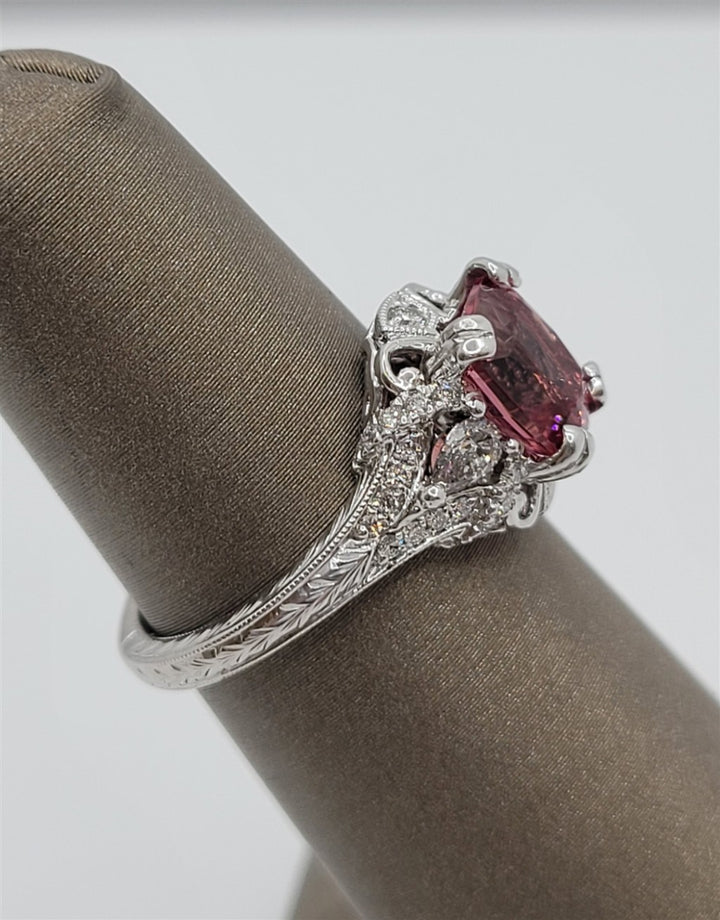 14K White Gold Vintage Style Pink Tourmaline & Diamond Ring