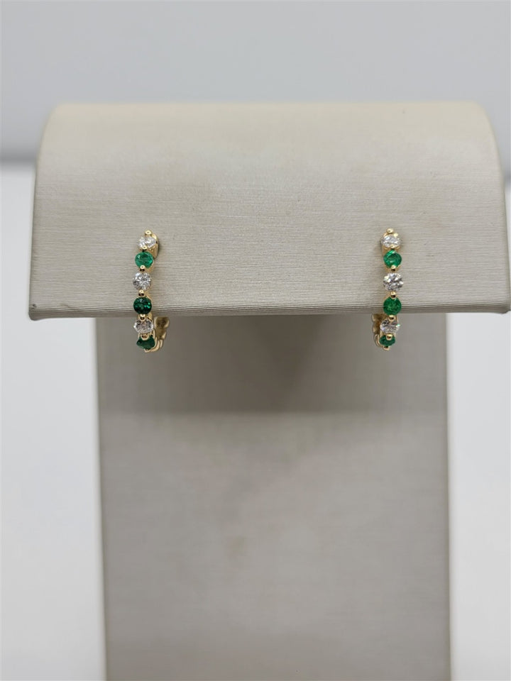 14K Yellow Gold Emerald And Diamond Beaded Hinged Huggie Hoop Earrings