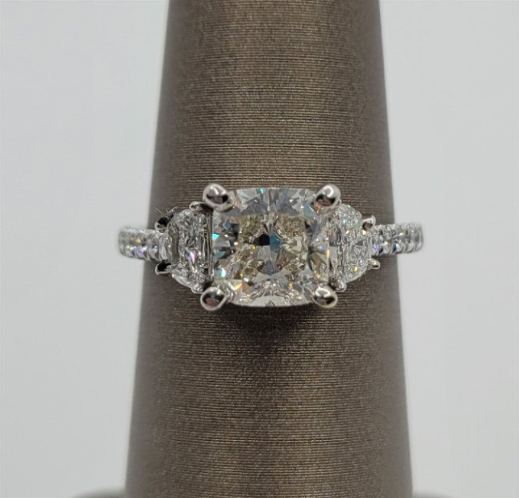 14k White Gold Cushion & Half Moon Cut Diamond Engagement Ring