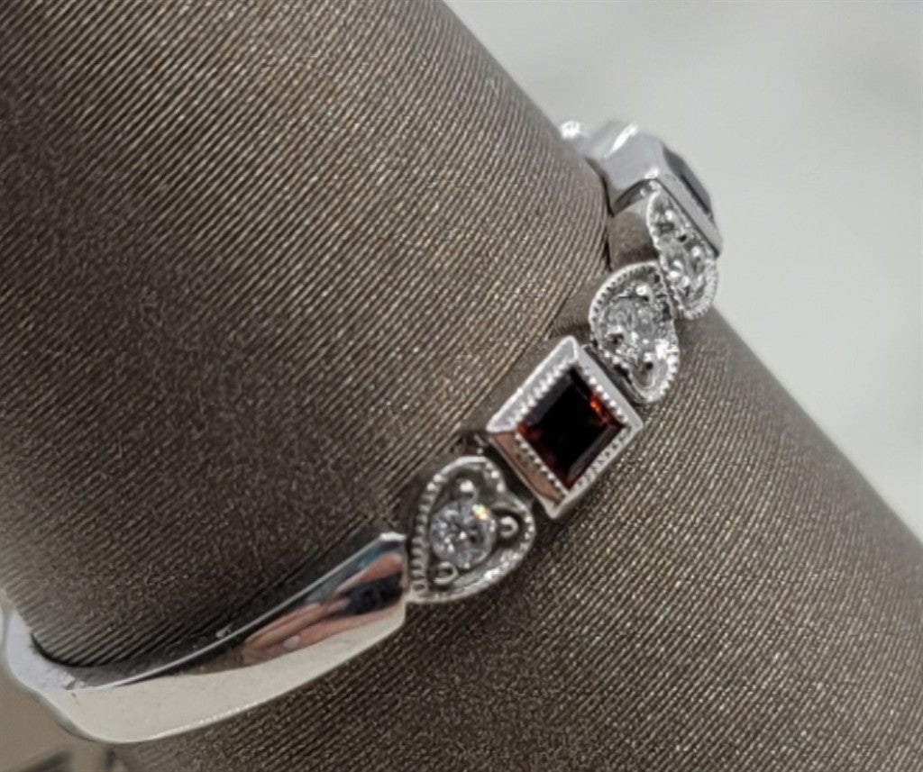 10K White Gold Stackable Garnets & Diamonds Gemstone Ring