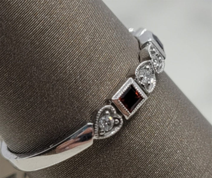 10K White Gold Stackable Garnets & Diamonds Gemstone Ring