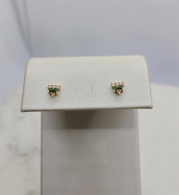 14K Yellow Gold Green Sapphire And Diamond Stud Earrings