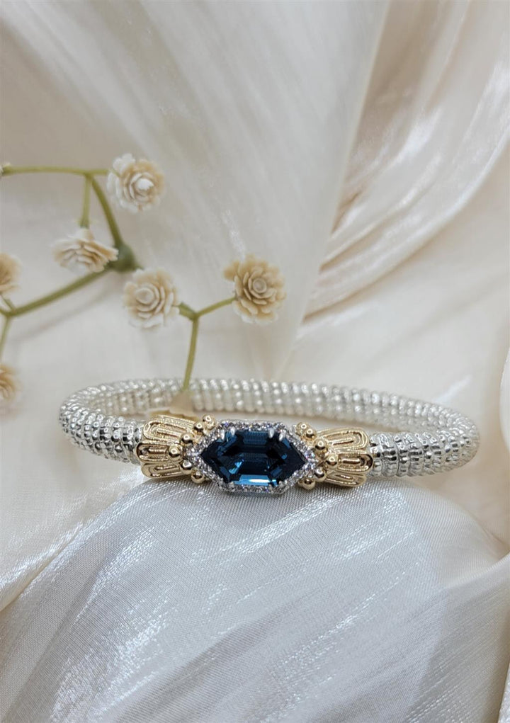 "Vahan" Silver & 14K 6mm Diamond And London Blue Topaz Closed Bangle Bracelet