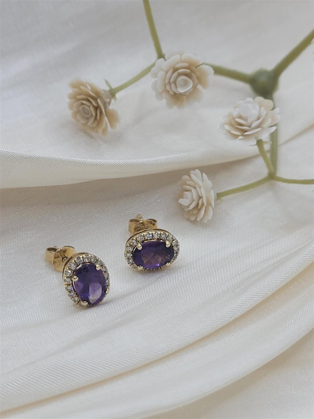 14K Yellow Gold Amethyst & Diamond Halo Earrings