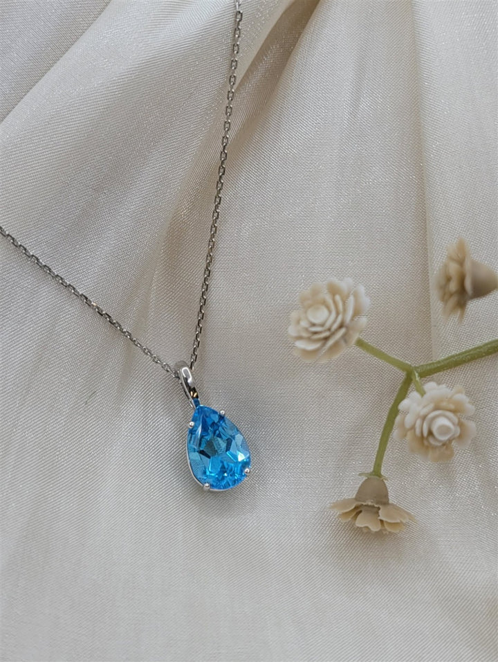 14K White Gold Blue Topaz Solitaire Necklace