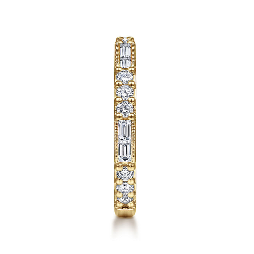 14K Yellow Gold "Gabriel & Co" Baguette And Round Diamond Stackable Ring