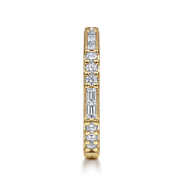 14K Yellow Gold "Gabriel & Co" Baguette And Round Diamond Stackable Ring